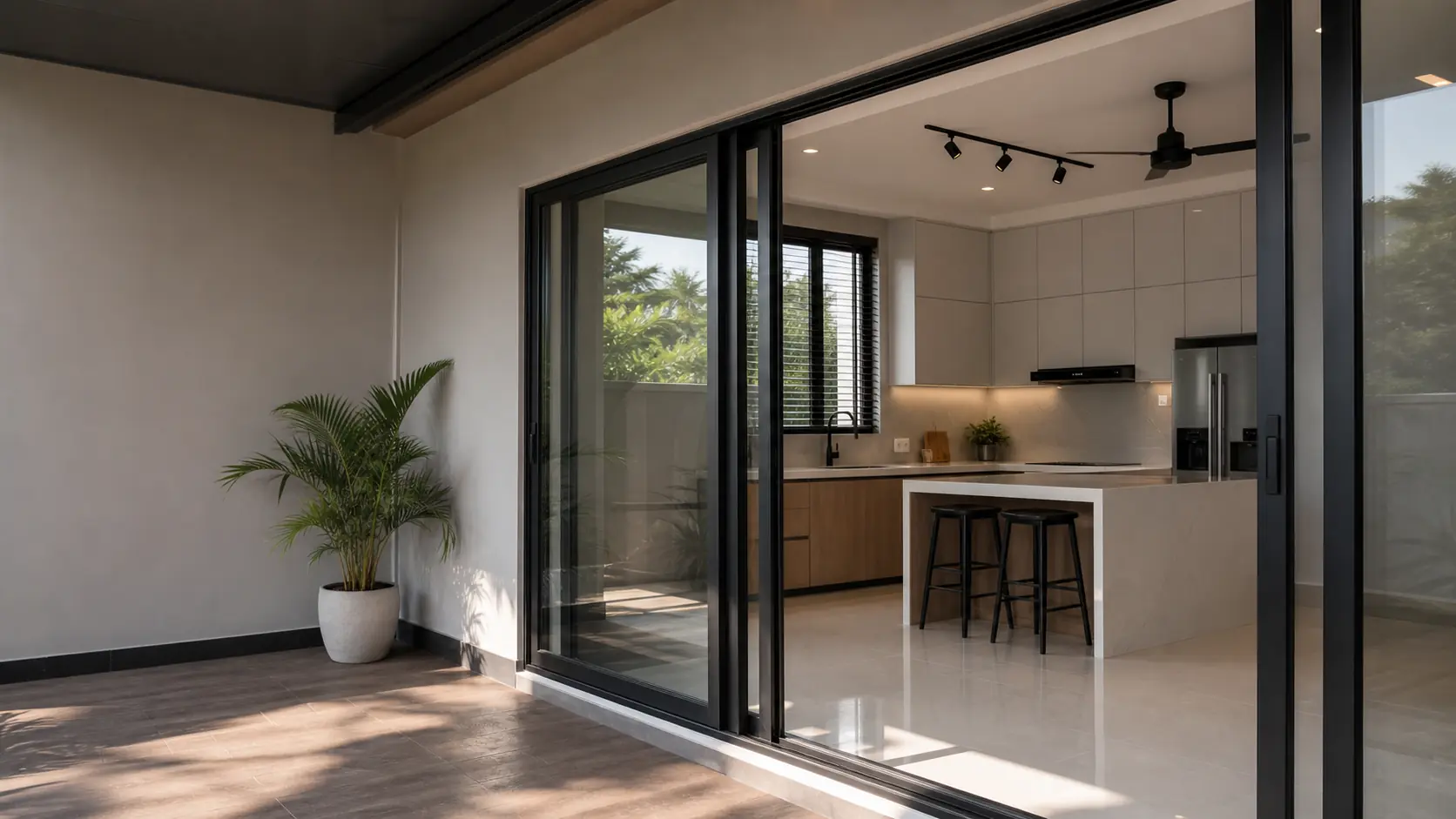 Home 1 Black aluminium sliding doors opening onto a modern fitted kitchen